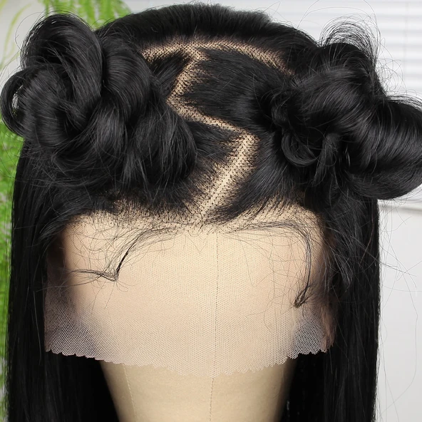 Ekstra Uzun Siyah Fiber Sentetik Düz Tül Peruk - Resim 5