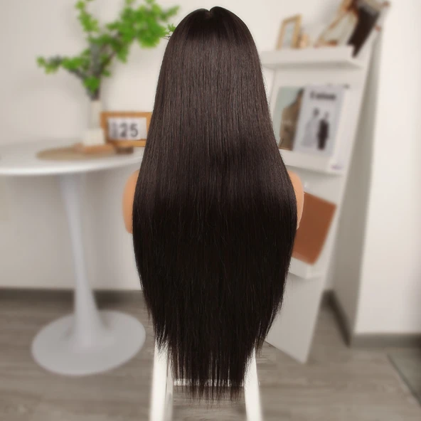 Koyu Kestane Ekstra Uzun Fiber Sentetik Düz Tül Peruk - Resim 5