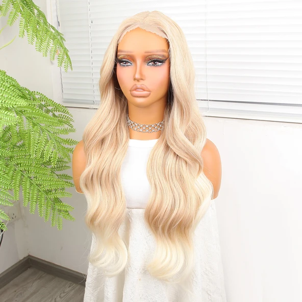 Açık Rus Kumralı Beyaz Platin Ombre Fiber Sentetik Tül Peruk - Resim 4