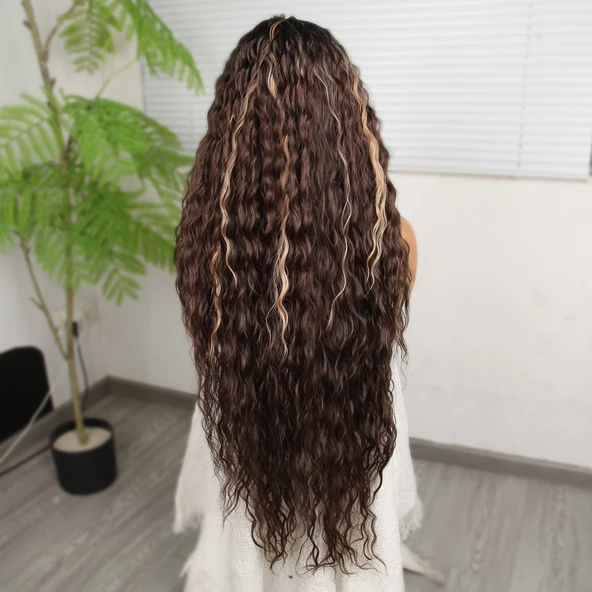 Kahverengi Balköpüğü Işıltılı Fiber Sentetik Tül Peruk - Resim 5