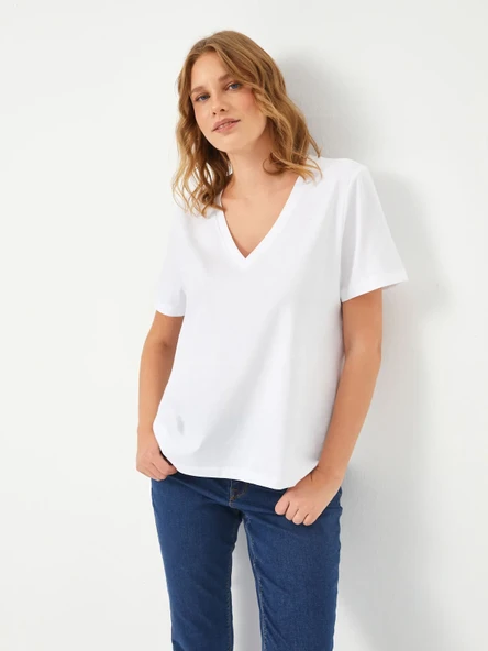 Faik Sönmez Minimalist V Yaka Kısa Kol Kadın T-Shirt - Günlük Şıklık - 8