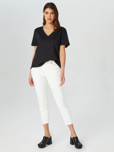 Faik Sönmez Minimalist V Yaka Kısa Kol Kadın T-Shirt - Günlük Şıklık - 6