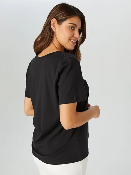 Faik Sönmez Minimalist V Yaka Kısa Kol Kadın T-Shirt - Günlük Şıklık - 7
