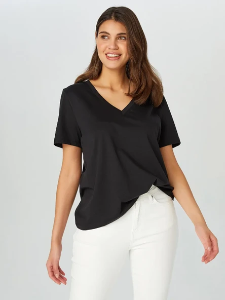 Faik Sönmez Minimalist V Yaka Kısa Kol Kadın T-Shirt - Günlük Şıklık - 5