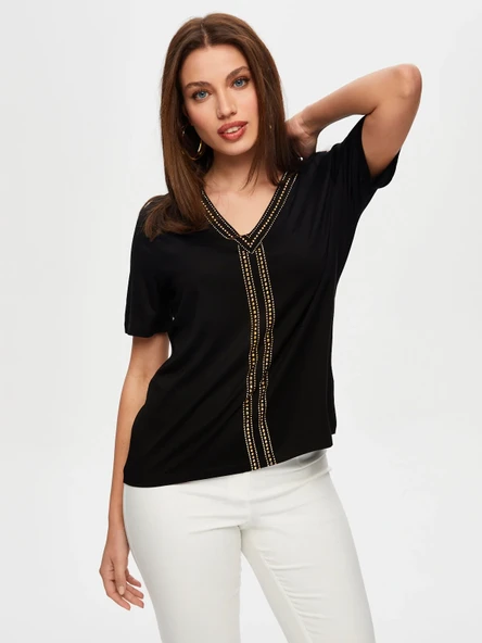 Faik Sönmez Minimalist V Yaka Oversize Tişört - Kısa Kol - 2