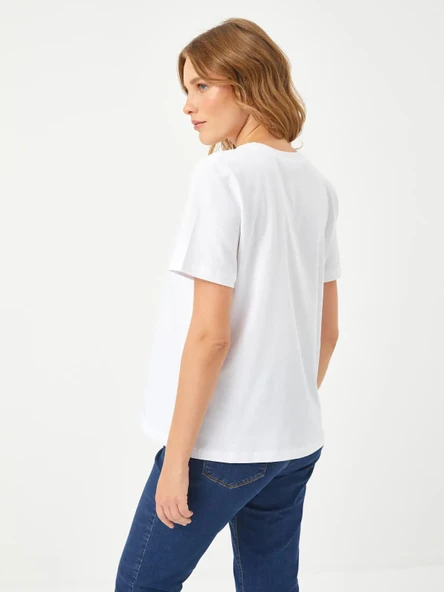 Faik Sönmez Minimalist V Yaka Kısa Kol Kadın T-Shirt - Günlük Şıklık - 9