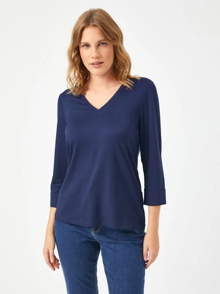 Faik Sönmez Oversize V Yaka 3/4 Kol Kadın Tişört - Rahat ve Şık ürün görseli 1