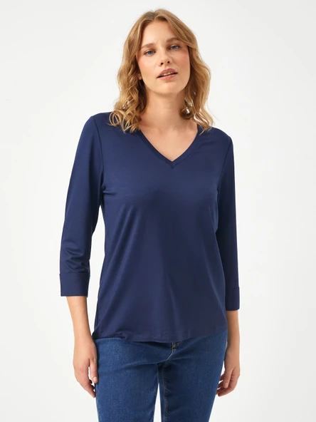 Faik Sönmez Oversize V Yaka 3/4 Kol Kadın Tişört - Rahat ve Şık - Resim 9