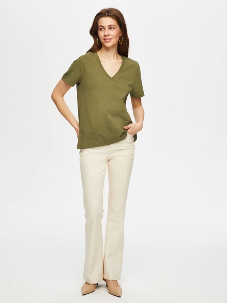 Faik Sönmez Oversize V Yaka Kısa Kol Kadın T-Shirt - Günlük Stil - Resim 5