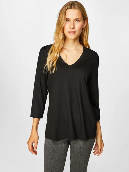 Faik Sönmez Oversize V Yaka 3/4 Kol Kadın Tişört - Rahat ve Şık - Resim 4