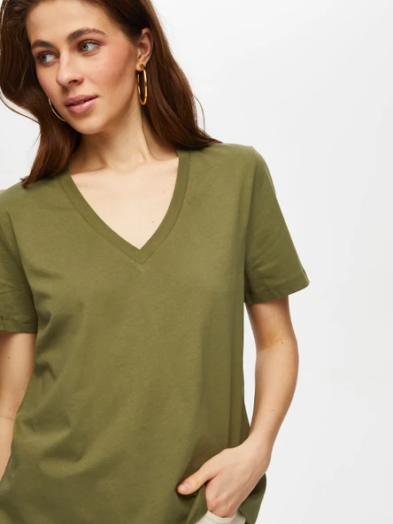 Faik Sönmez Oversize V Yaka Kısa Kol Kadın T-Shirt - Günlük Stil - Resim 9