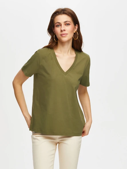 Faik Sönmez Oversize V Yaka Kısa Kol Kadın T-Shirt - Günlük Stil ürün görseli 1