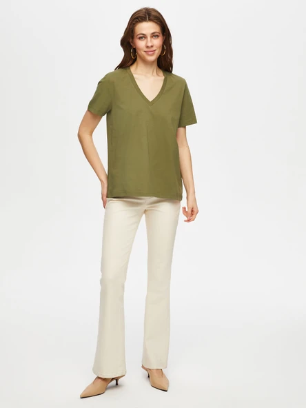 Faik Sönmez Oversize V Yaka Kısa Kol Kadın T-Shirt - Günlük Stil - Resim 6