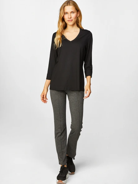 Faik Sönmez Oversize V Yaka 3/4 Kol Kadın Tişört - Rahat ve Şık - Resim 6