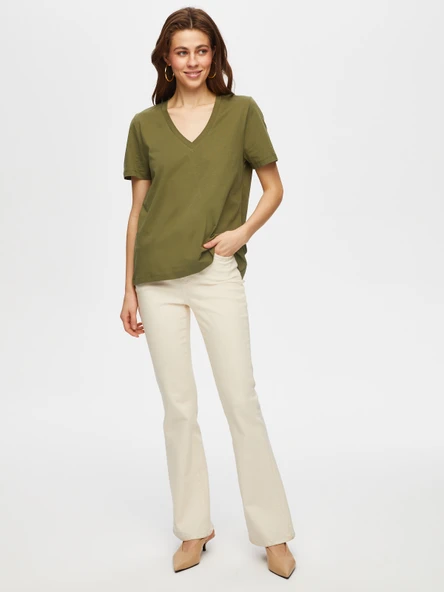 Faik Sönmez Oversize V Yaka Kısa Kol Kadın T-Shirt - Günlük Stil - Resim 7