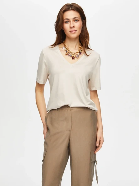 Faik Sönmez Oversize V Yaka Kadın T-Shirt - Rahat ve Şık - Resim 4