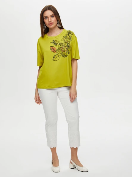 Faik Sönmez Kadın Çiçek Baskı Detaylı Yuvarlak Yaka Kısa Kol T-Shirt - 5