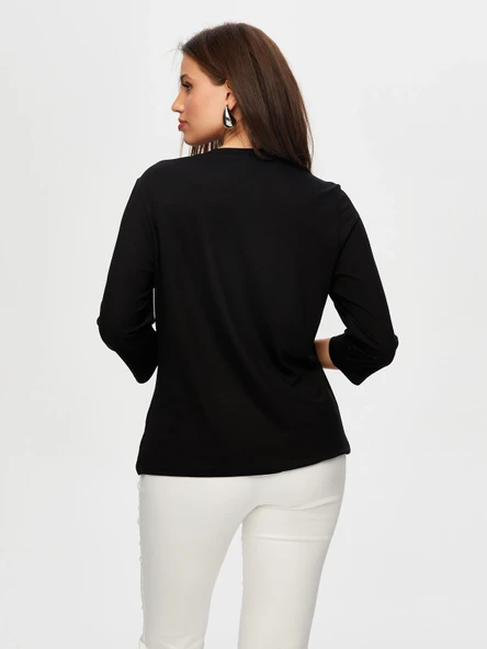 Faik Sönmez Kadın V Yaka 3/4 Kol Taş Detaylı Minimalist T-Shirt - 6