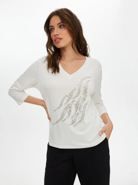 Faik Sönmez Kadın V Yaka 3/4 Kol Taş Detaylı Minimalist T-Shirt - 5