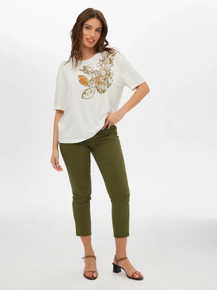 Faik Sönmez Kadın Çiçek Baskı Detaylı Yuvarlak Yaka Kısa Kol T-Shirt - 3