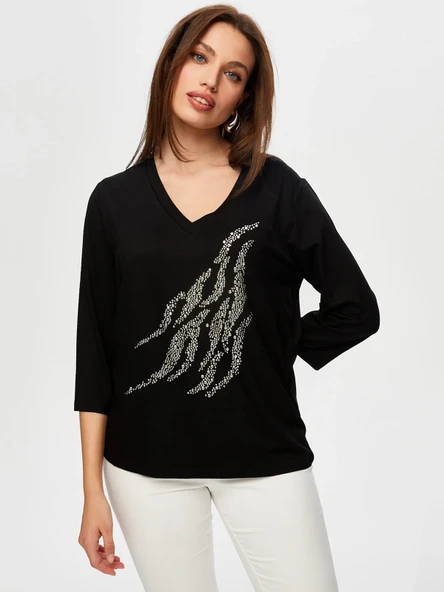 Faik Sönmez Kadın V Yaka 3/4 Kol Taş Detaylı Minimalist T-Shirt - 2