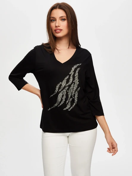 Faik Sönmez Kadın V Yaka 3/4 Kol Taş Detaylı Minimalist T-Shirt - 4