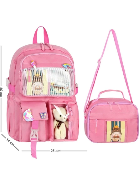 Waddell Kawaii Kore Tarzı Aksesuarlı İlkokul Sırt ve Beslenme Çantası Pembe 25002