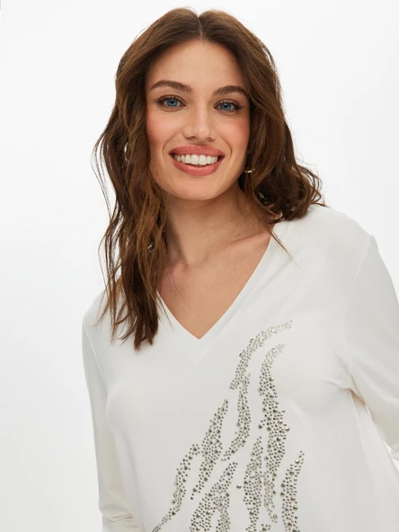 Faik Sönmez Kadın V Yaka 3/4 Kol Taş Detaylı Minimalist T-Shirt - 11