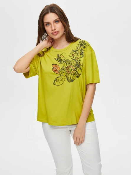 Faik Sönmez Kadın Çiçek Baskı Detaylı Yuvarlak Yaka Kısa Kol T-Shirt