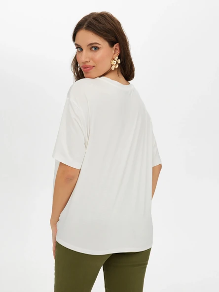 Faik Sönmez Kadın Çiçek Baskı Detaylı Yuvarlak Yaka Kısa Kol T-Shirt - 2