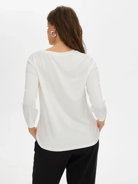 Faik Sönmez Kadın V Yaka 3/4 Kol Taş Detaylı Minimalist T-Shirt - 12