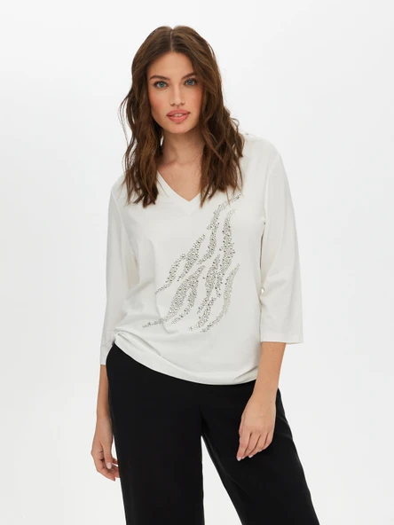 Faik Sönmez Kadın V Yaka 3/4 Kol Taş Detaylı Minimalist T-Shirt