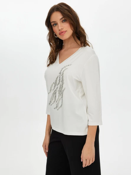 Faik Sönmez Kadın V Yaka 3/4 Kol Taş Detaylı Minimalist T-Shirt - 7