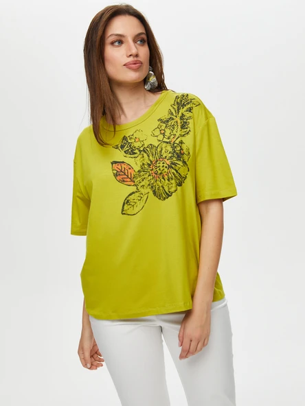 Faik Sönmez Kadın Çiçek Baskı Detaylı Yuvarlak Yaka Kısa Kol T-Shirt - 7