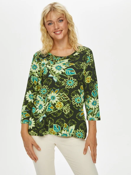 Faik Sönmez Kadın Çiçek Desenli 3/4 Kol Regular Fit T-Shirt - 1