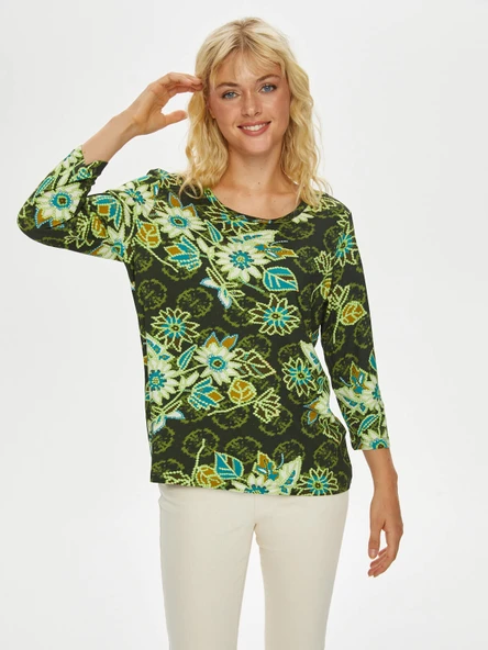 Faik Sönmez Kadın Çiçek Desenli 3/4 Kol Regular Fit T-Shirt - 5