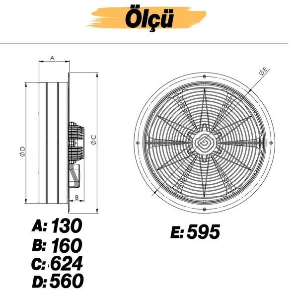 Havalandırma Aspiratörü Fanı 220 W Monofaze Kirli Hava Kötü Koku Tahliye Metal Fan Vantilatör 560 mm - 5