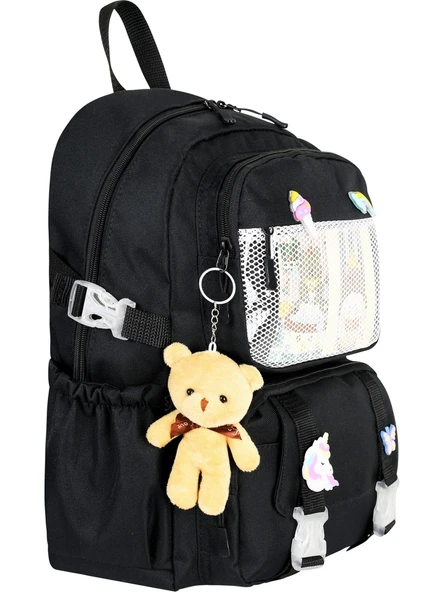 Waddell Kawaii Kore Tarzı Aksesuarlı İlkokul Sırt ve Beslenme Çantası Siyah 25002 - 3