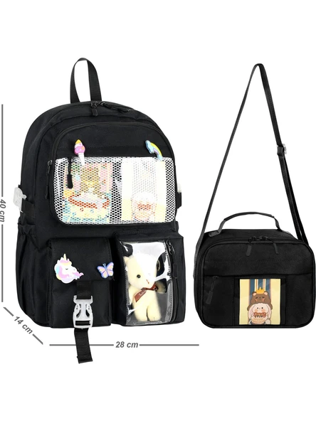 Waddell Kawaii Kore Tarzı Aksesuarlı İlkokul Sırt ve Beslenme Çantası Siyah 25002