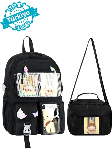 Waddell Kawaii Kore Tarzı Aksesuarlı İlkokul Sırt ve Beslenme Çantası Siyah 25002 - 2