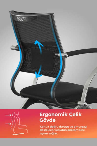 Ergolife Sit Air Toplantı Sandalyesi | Tekerlekli, Krom Ayaklı, Fileli, Siyah, Çalışma Koltuğu -572.5F.1.662 - 2