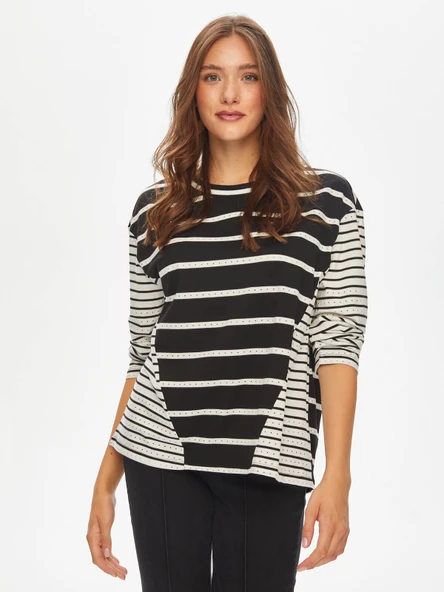 Faik Sönmez Minimalist Çizgili Oversize Uzun Kol Tişört - Günlük Şıklık - 6