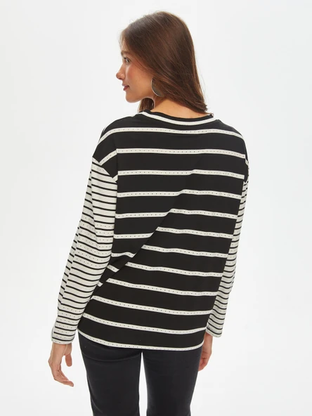 Faik Sönmez Minimalist Çizgili Oversize Uzun Kol Tişört - Günlük Şıklık - 7