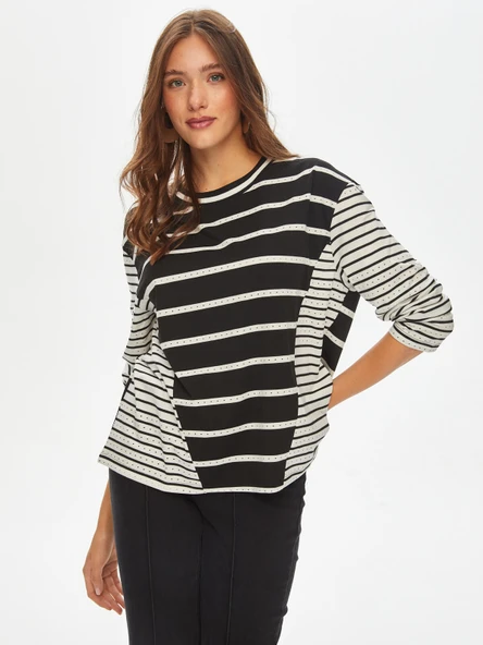 Faik Sönmez Minimalist Çizgili Oversize Uzun Kol Tişört - Günlük Şıklık - 1