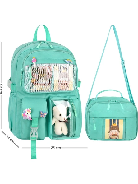 Waddell Kawaii Kore Tarzı Aksesuarlı İlkokul Sırt ve Beslenme Çantası Su Yeşili 25002