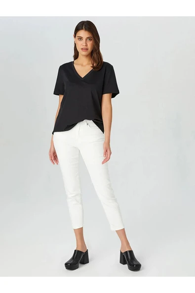Faik Sönmez Minimalist V Yaka Kısa Kol Kadın T-Shirt - Günlük Şıklık - 9
