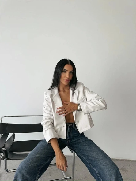 DERİ CROP CEKET TEK DÜĞME - Beyaz