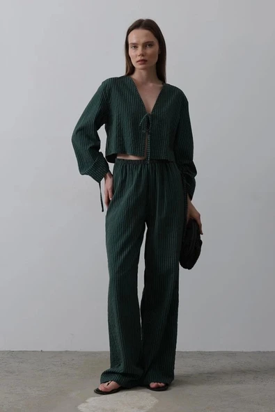 Önü Bağlamalı Crop Takım - Yeşil - Resim 3