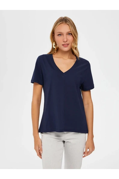 Faik Sönmez Minimalist V Yaka Kısa Kol Kadın T-Shirt - Günlük Şıklık - 6