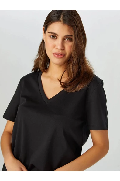 Faik Sönmez Minimalist V Yaka Kısa Kol Kadın T-Shirt - Günlük Şıklık - 10